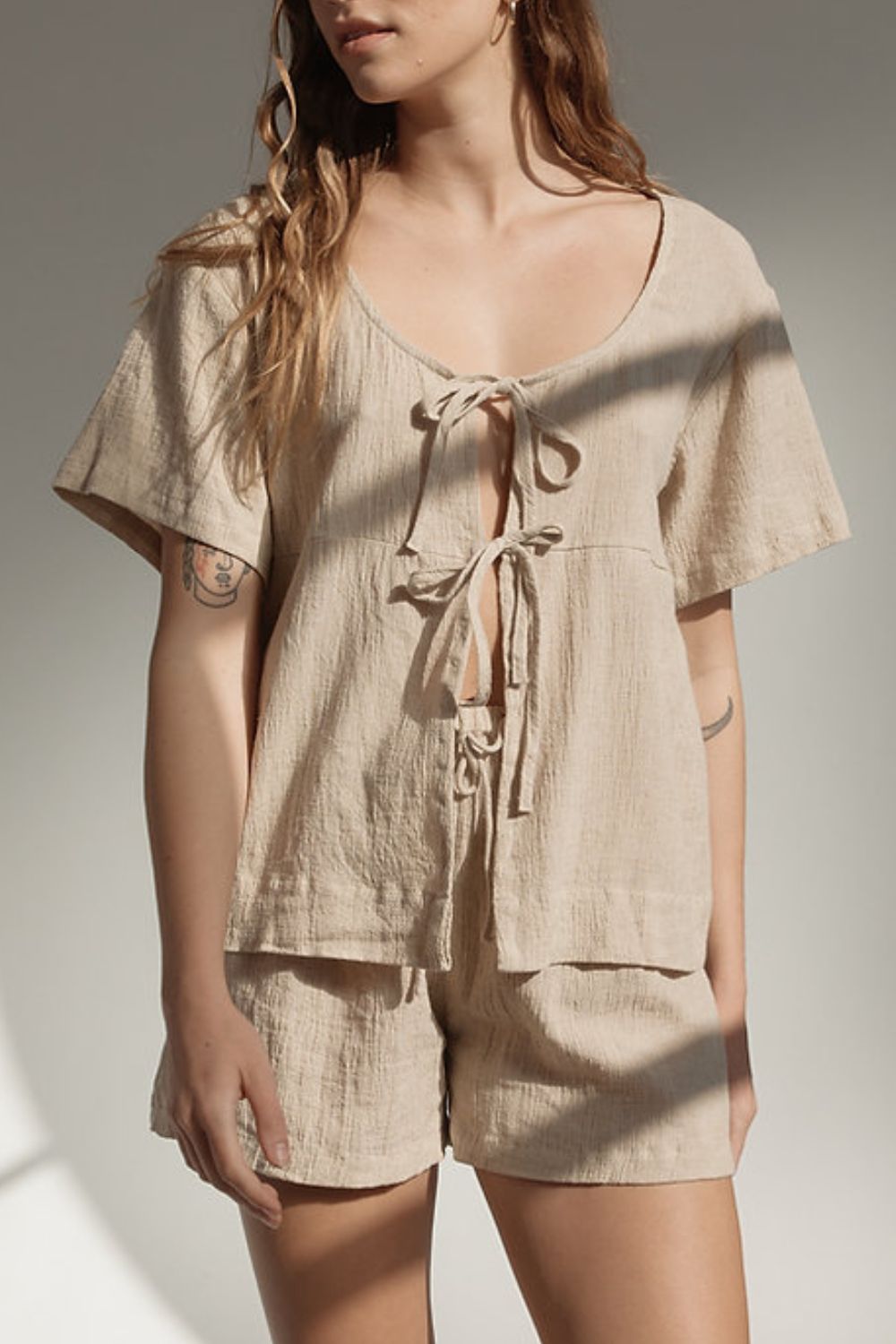Plaid Tied Scoop Neck Short Sleeve Top and Drawstring Shorts Set-TOPS / DRESSES-[Adult]-[Female]-2022 Online Blue Zone Planet