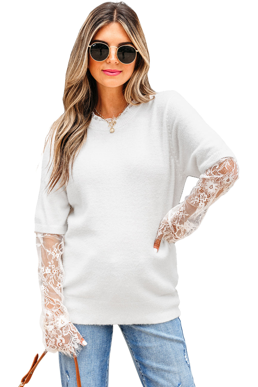 Beige Lace Sleeve Patchwork Faux Two-piece Fuzzy Sweater-TOPS / DRESSES-[Adult]-[Female]-2022 Online Blue Zone Planet