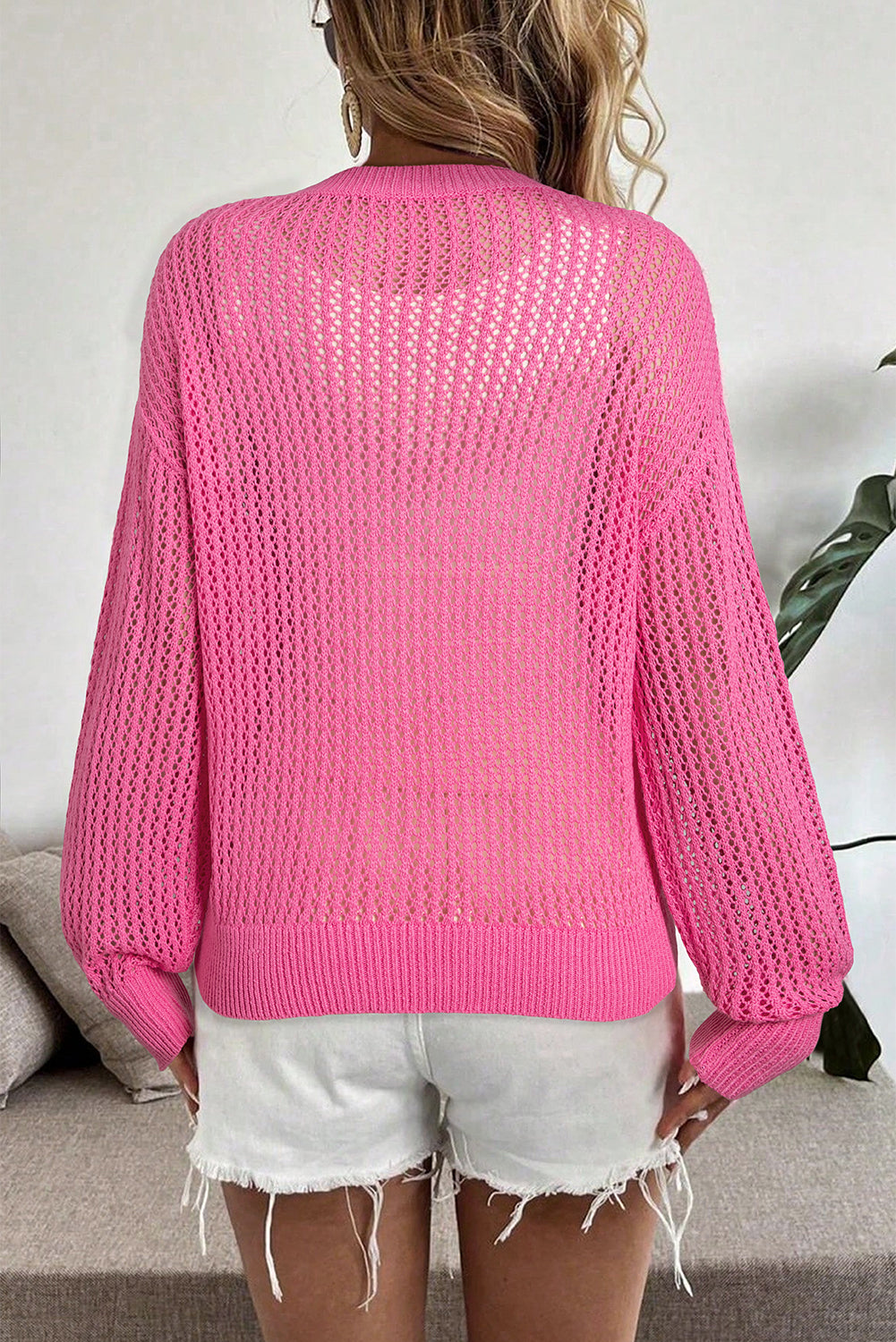 Sachet Pink Sweet Bow Decor Hollow Out Knitted Drop Shoulder Sweater-TOPS / DRESSES-[Adult]-[Female]-2022 Online Blue Zone Planet