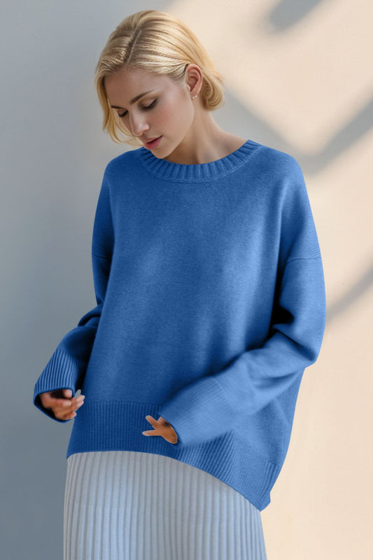 Basic Bae Round Neck Dropped Shoulder Sweater-TOPS / DRESSES-[Adult]-[Female]-Blue-One Size-2022 Online Blue Zone Planet