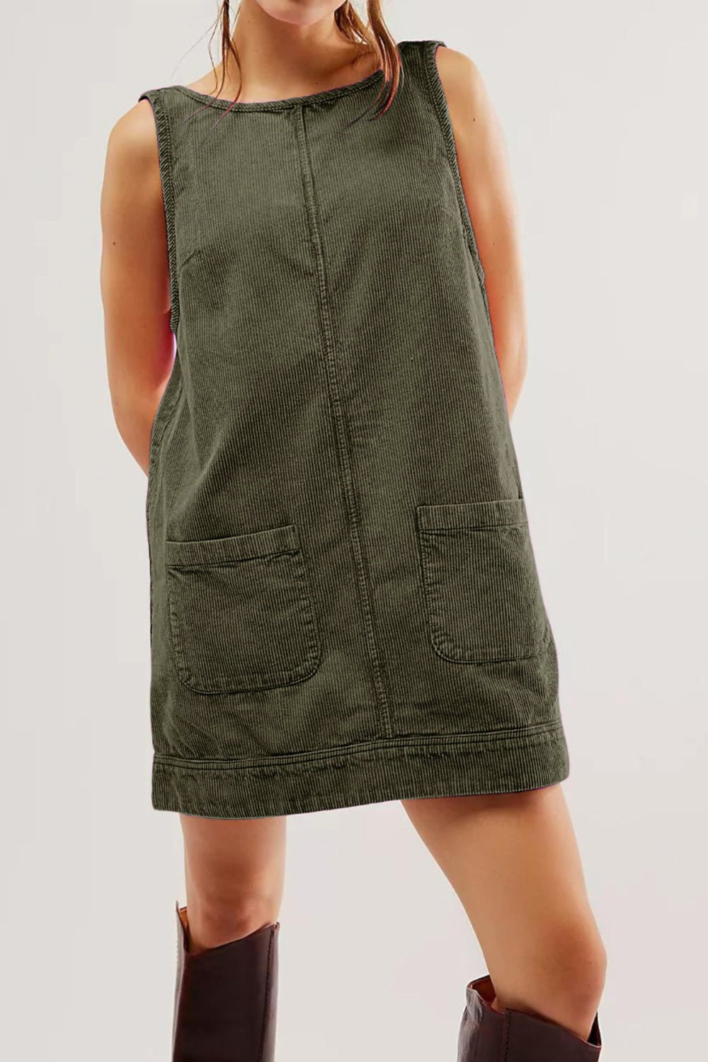 Round Neck Wide Strap Corduroy Mini Dress-TOPS / DRESSES-[Adult]-[Female]-Army Green-S-2022 Online Blue Zone Planet