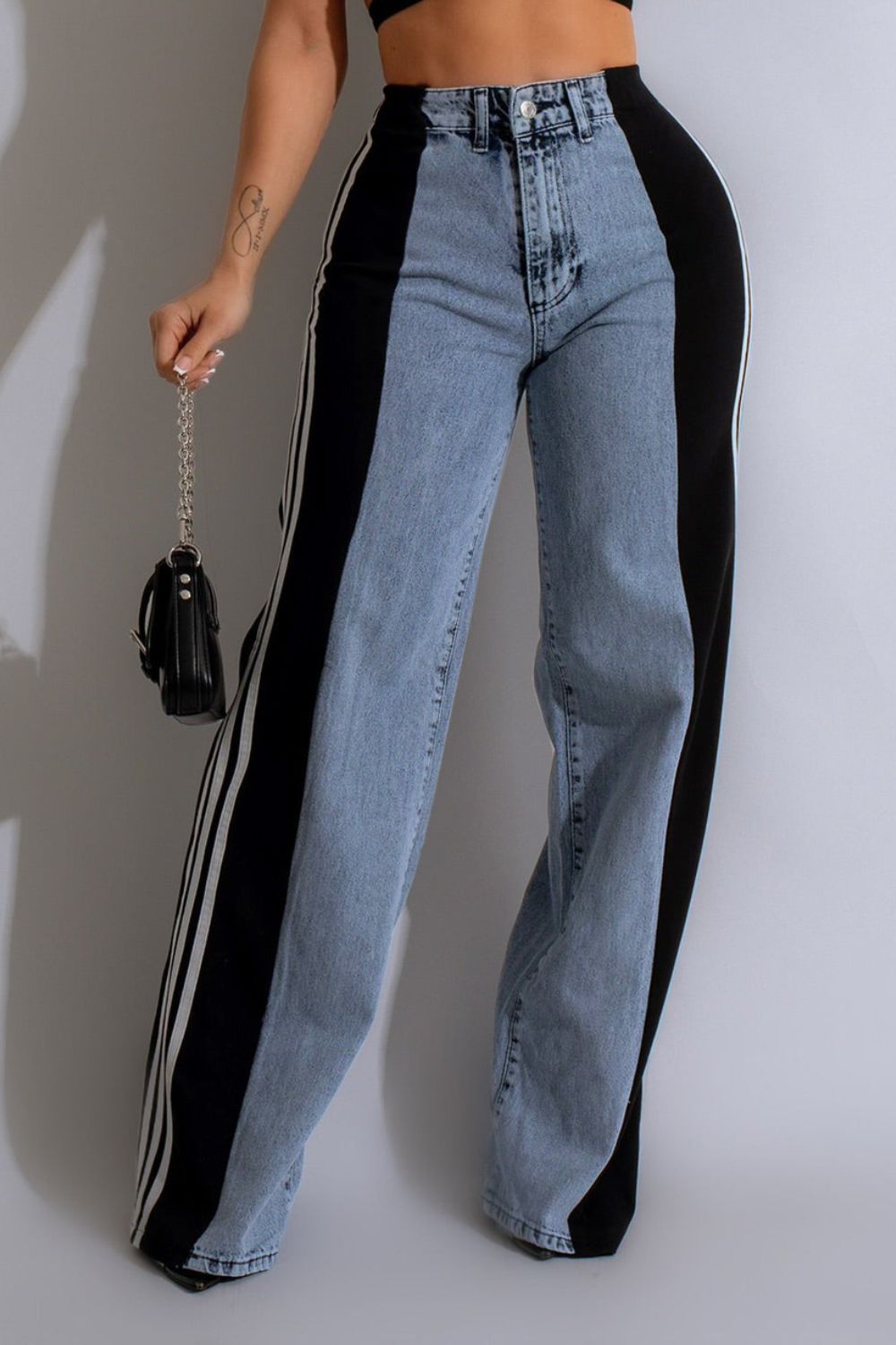 Contrast Side Striped Wide Leg Jeans-BOTTOMS SIZES SMALL MEDIUM LARGE-[Adult]-[Female]-Black-S-2022 Online Blue Zone Planet