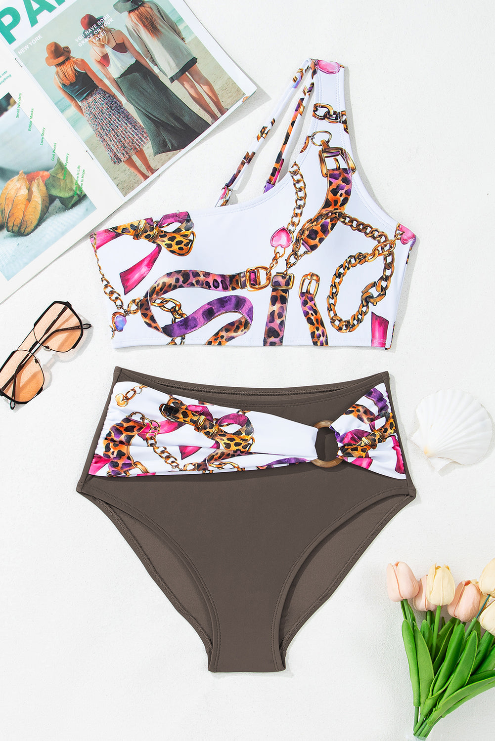 Khaki Abstract Print One Shoulder Ring Linked High Waist Bikini-Bikini Sets-[Adult]-[Female]-2022 Online Blue Zone Planet