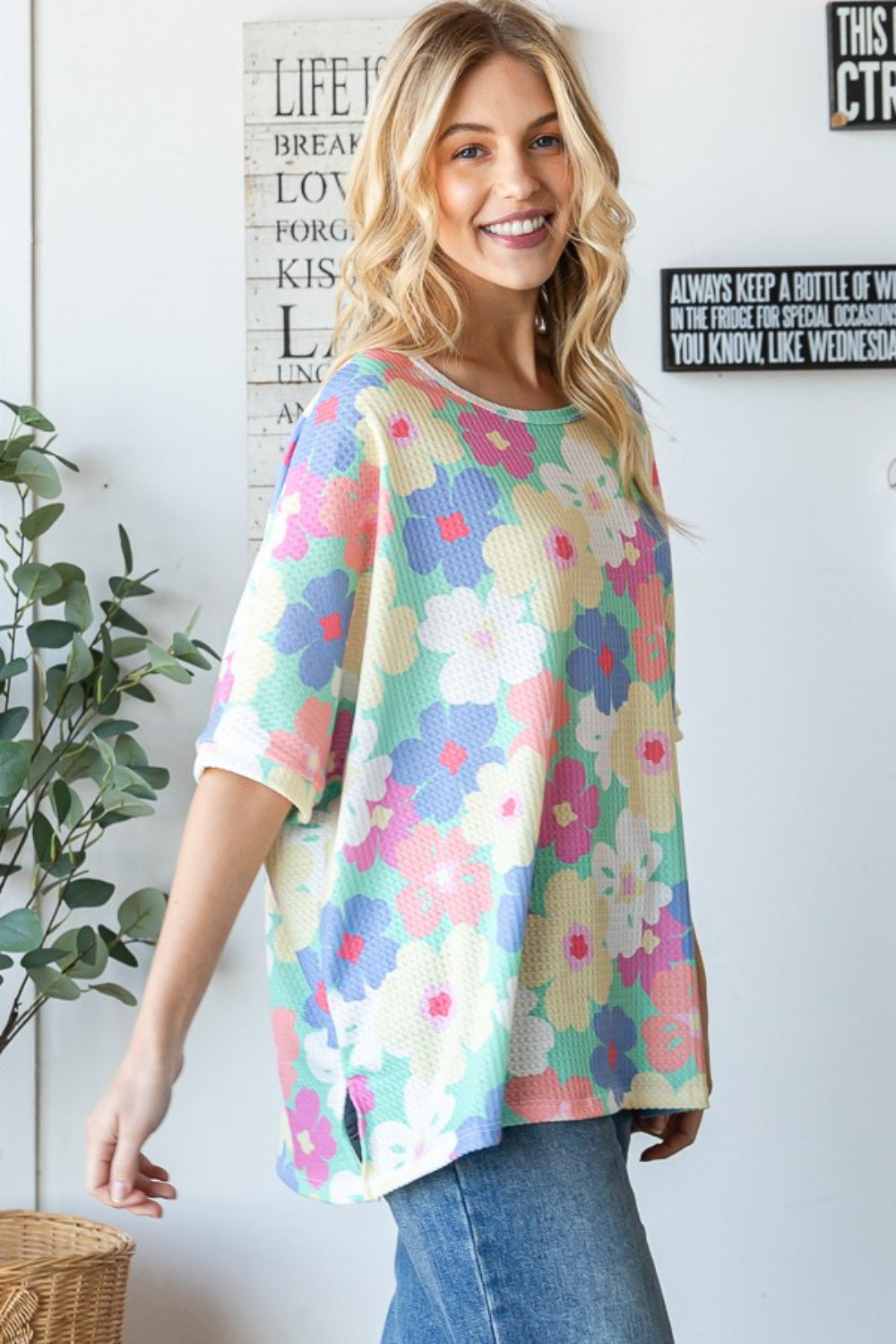 Blue Zone Planet | HOPELY Floral Waffle Oversized T-Shirt-TOPS / DRESSES-[Adult]-[Female]-2022 Online Blue Zone Planet