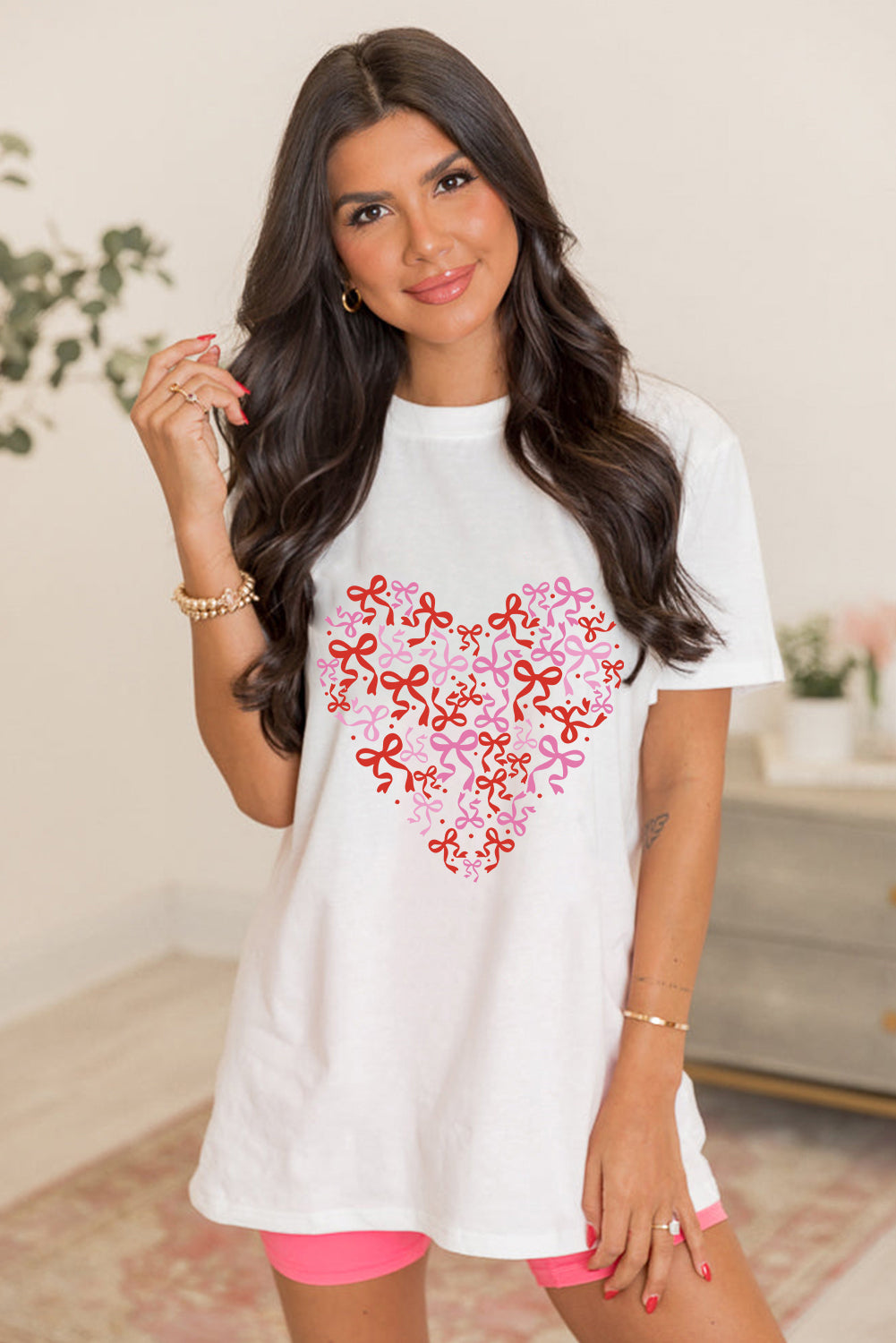 White Bowknot Heart Printed Crewneck Valentines Tee-Graphic Tees-[Adult]-[Female]-2022 Online Blue Zone Planet