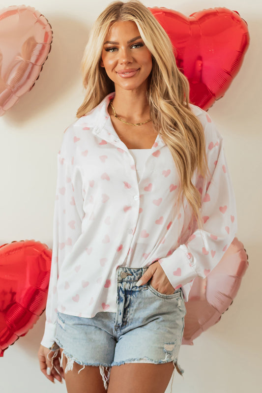 Blue Zone Planet | White Love Heart Print Drop Shoulder Puff Sleeve Shirt-Tops/Blouses & Shirts-[Adult]-[Female]-White-S-2022 Online Blue Zone Planet