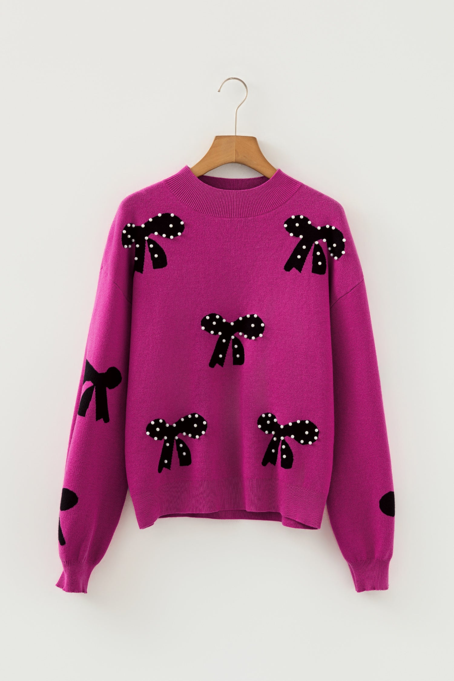Bright Pink Pearl Embellished Bow Pattern Loose Sweater-TOPS / DRESSES-[Adult]-[Female]-2022 Online Blue Zone Planet