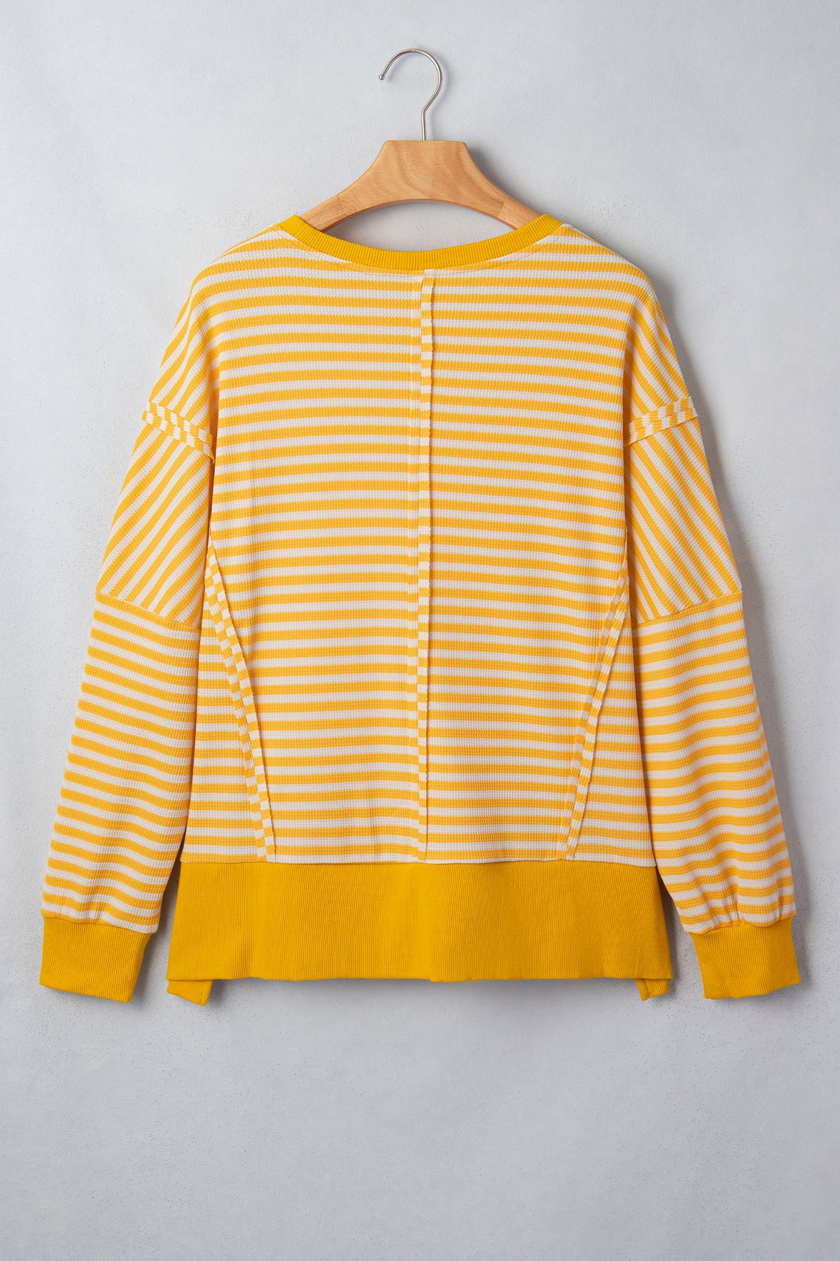 Khaki Stripe Textured Knit Color Block Trim Split Hem Long Sleeve Top-Tops/Long Sleeve Tops-[Adult]-[Female]-2022 Online Blue Zone Planet