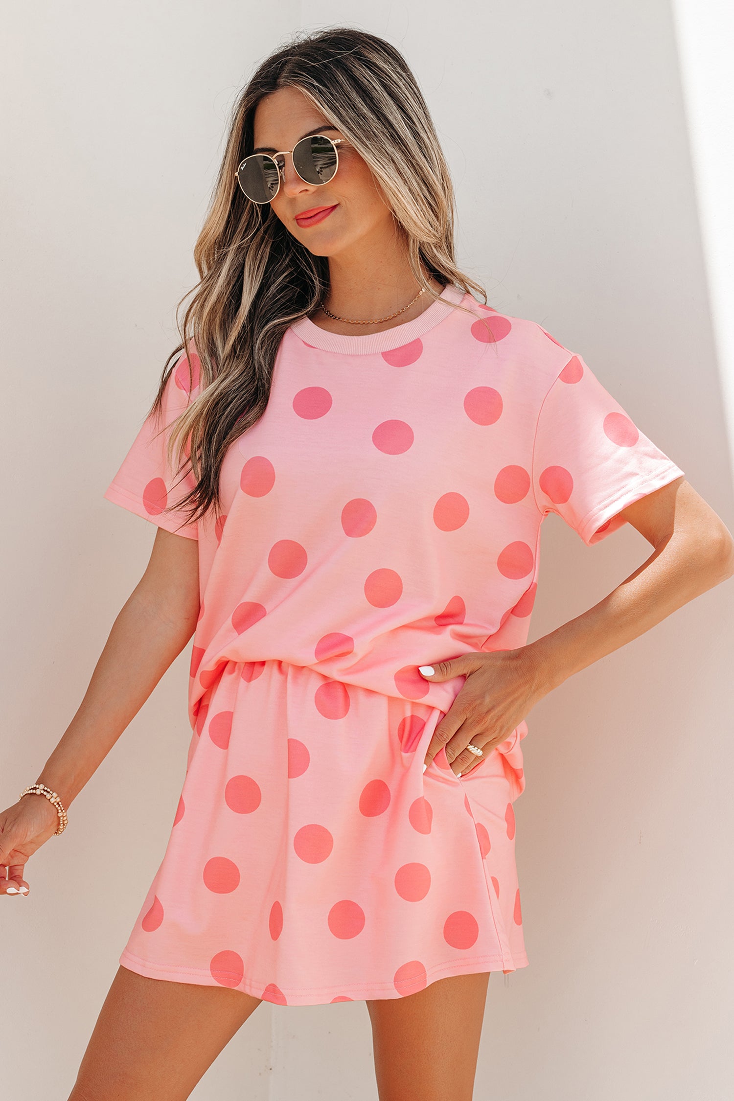 White Polka Dot Short Sleeve Top Casual Skort 2pcs Outfit-Two Piece Sets/Two Piece Dresses-[Adult]-[Female]-2022 Online Blue Zone Planet