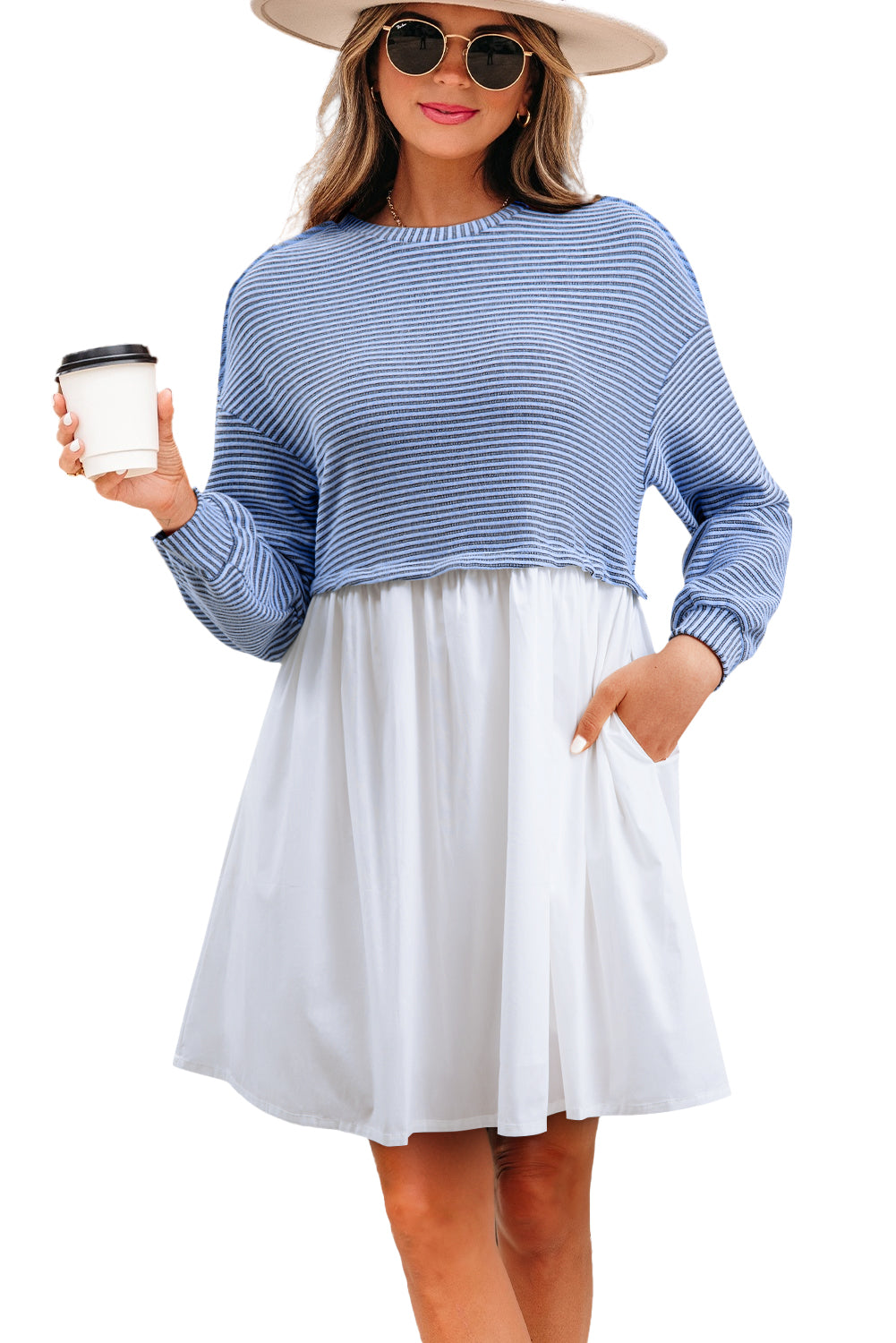 Blue Zone Planet | Sky Blue Stripe Patchwork Pleated High Waist Loose Mini Dress-TOPS / DRESSES-[Adult]-[Female]-2022 Online Blue Zone Planet