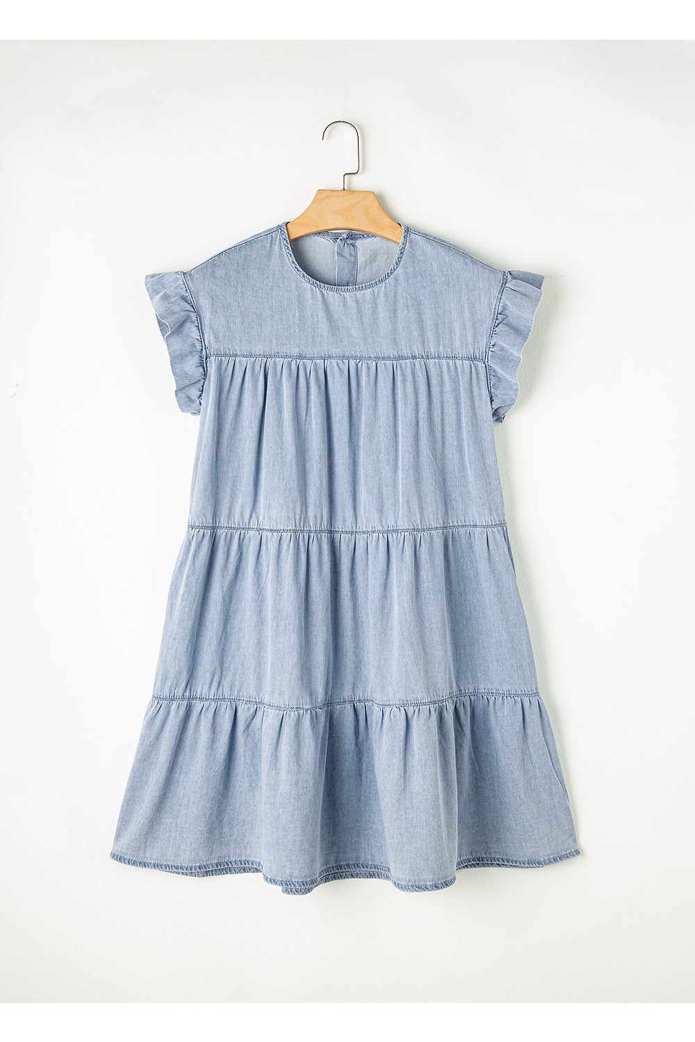 Blue Zone Planet | Beau Blue Ruffle Short Sleeve Tiered A-line Denim Dress-TOPS / DRESSES-[Adult]-[Female]-2022 Online Blue Zone Planet