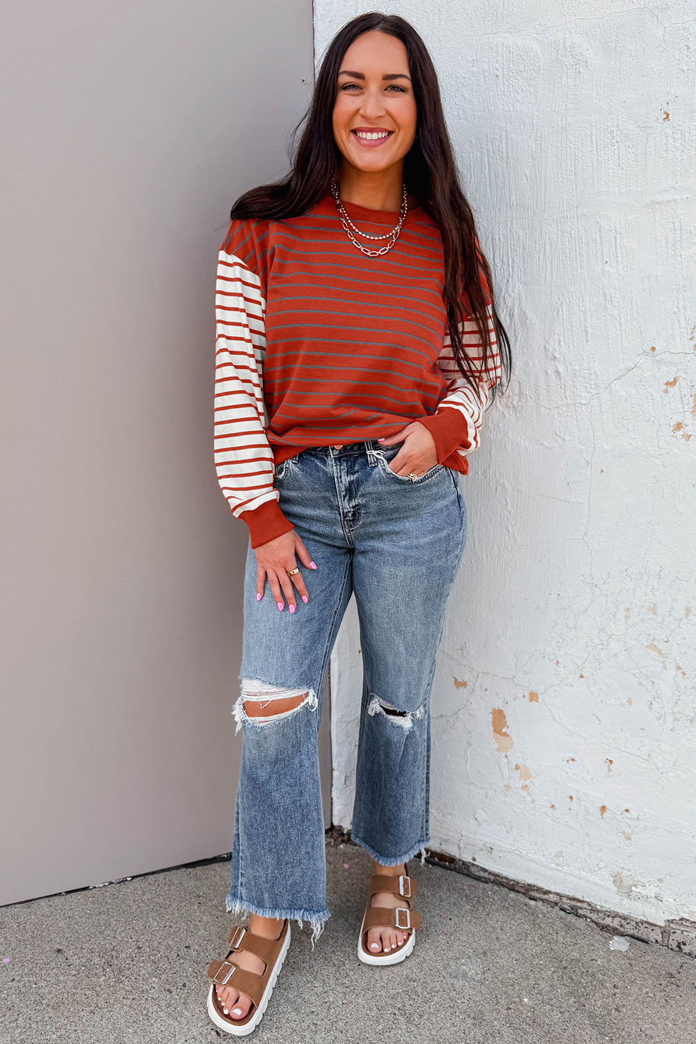 Orange Stripe Contrast Sleeve Patchwork Drop Shoulder Long Sleeve Sweatshirt-Tops/Sweatshirts & Hoodies-[Adult]-[Female]-2022 Online Blue Zone Planet