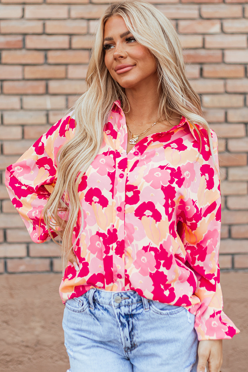 Blue Zone Planet | Pink Blooming Floral Print Puff Sleeve Buttoned Shirt-TOPS / DRESSES-[Adult]-[Female]-2022 Online Blue Zone Planet