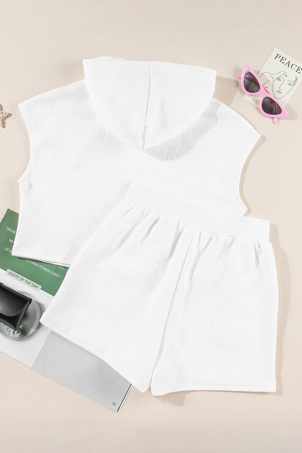 White Textured Cropped Hoodie and Shorts Set-Tops / Dresses-[Adult]-[Female]-2022 Online Blue Zone Planet