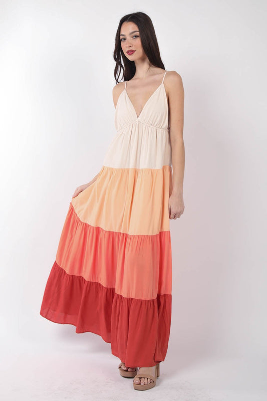 VERY J Color Block Tiered Maxi Cami Dress-[Adult]-[Female]-Sunset Mix-S-2022 Online Blue Zone Planet