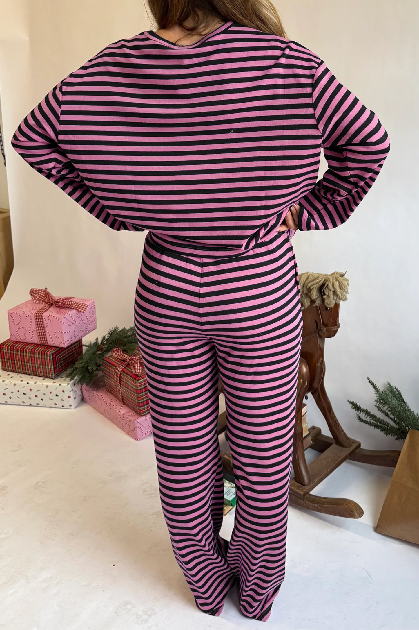 Pink Stripe Casual Long Sleeve Top Drawstring Pant Set-Two Piece Sets/Pant Sets-[Adult]-[Female]-2022 Online Blue Zone Planet
