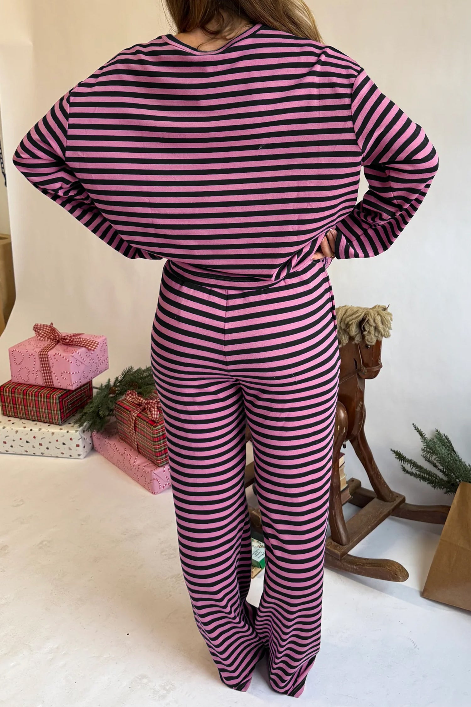 Pink Stripe Casual Long Sleeve Top Drawstring Pant Set-Two Piece Sets/Pant Sets-[Adult]-[Female]-2022 Online Blue Zone Planet