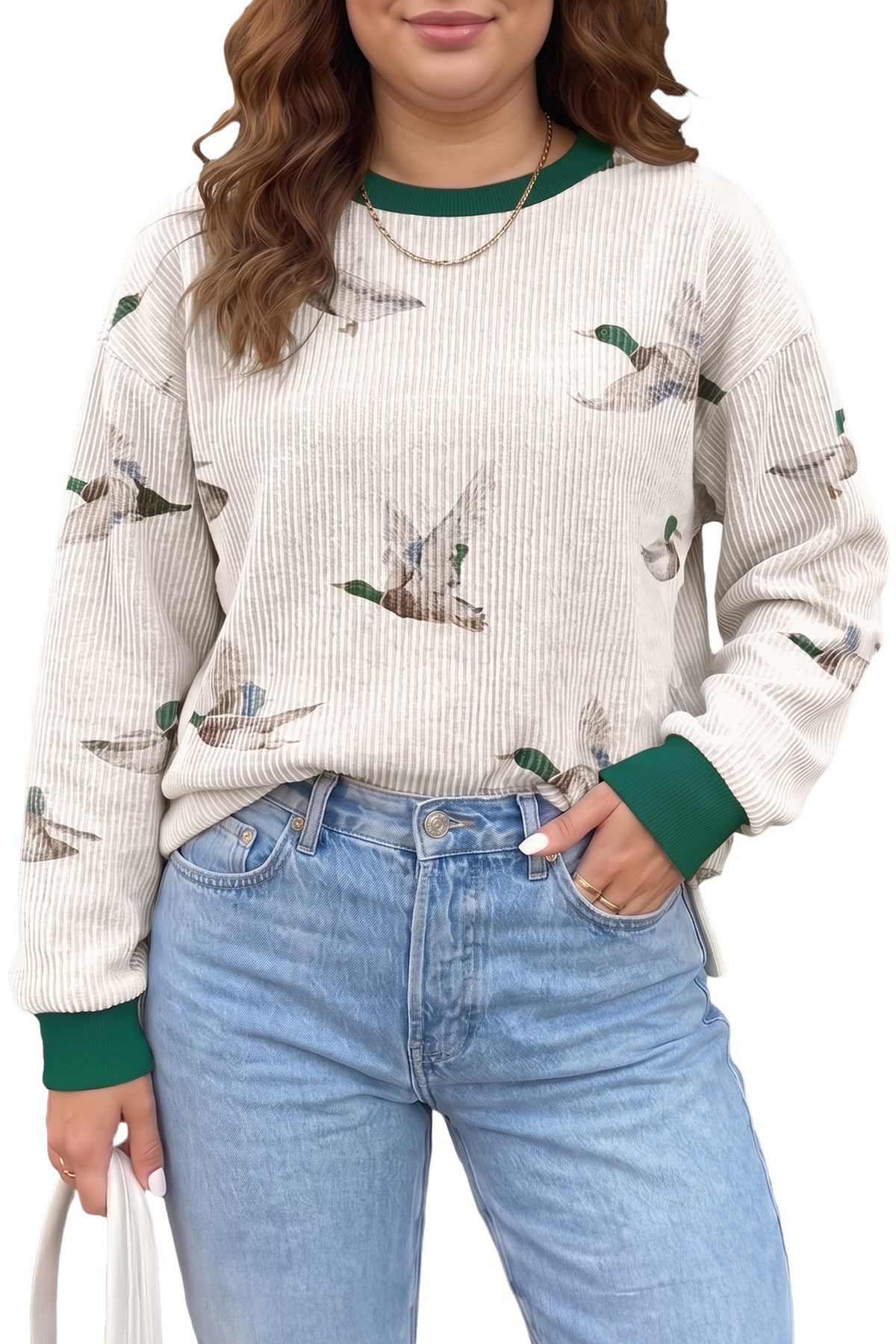 Beige Mallard Duck Print Plus Size Twisted Ribbed Top-Plus Size/Plus Size Tops/Plus Size Long Sleeve Tops-[Adult]-[Female]-2022 Online Blue Zone Planet