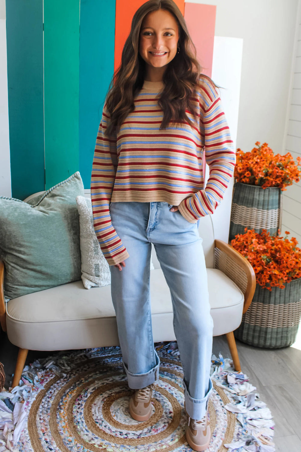 Khaki Stripe Drop Shoulder Cropped Long Sleeve Fall Sweater-Sweaters & Cardigans/Sweaters-[Adult]-[Female]-2022 Online Blue Zone Planet