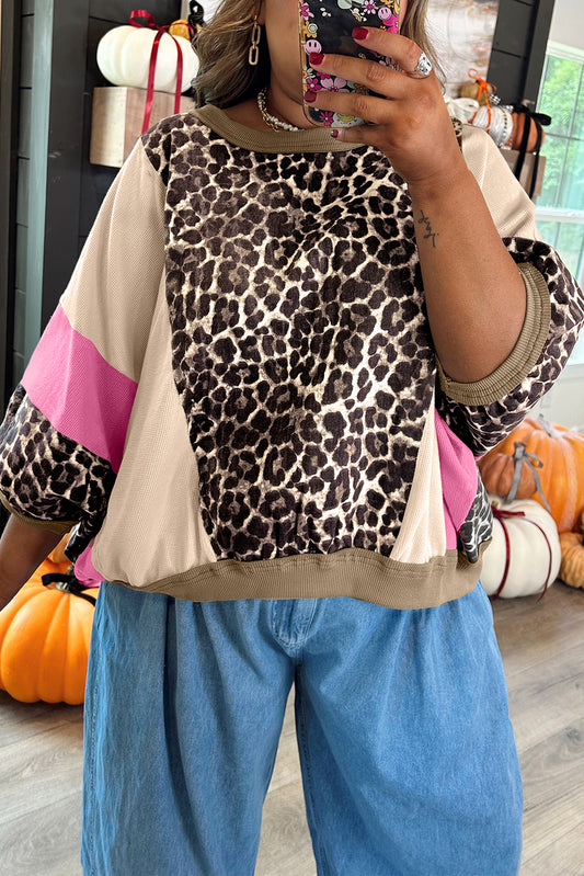 Brown Leopard Print Color Block Patchwork 3/4 Sleeve Loose Top-Tops/Long Sleeve Tops-[Adult]-[Female]-Brown-S-2022 Online Blue Zone Planet