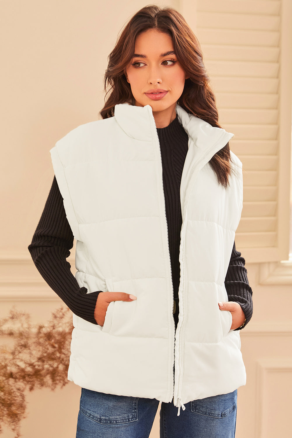 Blue Zone Planet | Beige Zipper Stand Neck Oversized Puffer Vest-Outerwear/Vests-[Adult]-[Female]-2022 Online Blue Zone Planet