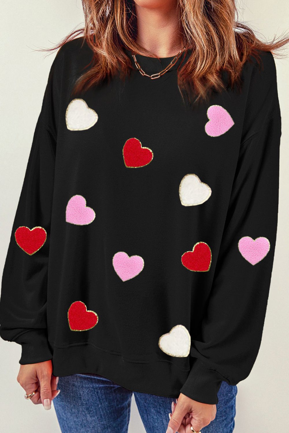 Blue Zone Planet | Valentine's Day Contrast Heart Long Sleeve Sweatshirt-TOPS / DRESSES-[Adult]-[Female]-2022 Online Blue Zone Planet