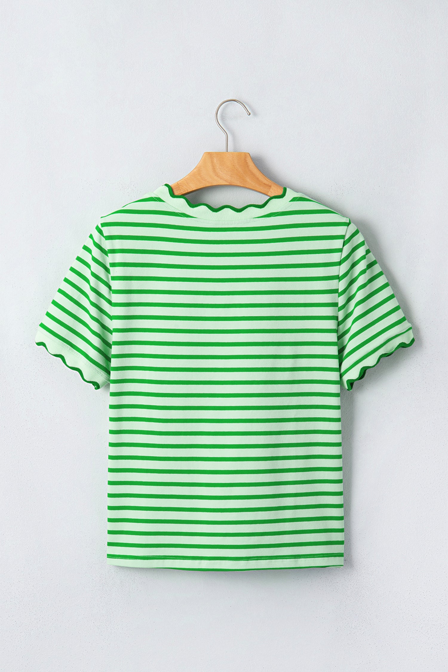 Green Stripe Scalloped Trim Round Neck T Shirt-Tops/Tops & Tees-[Adult]-[Female]-2022 Online Blue Zone Planet