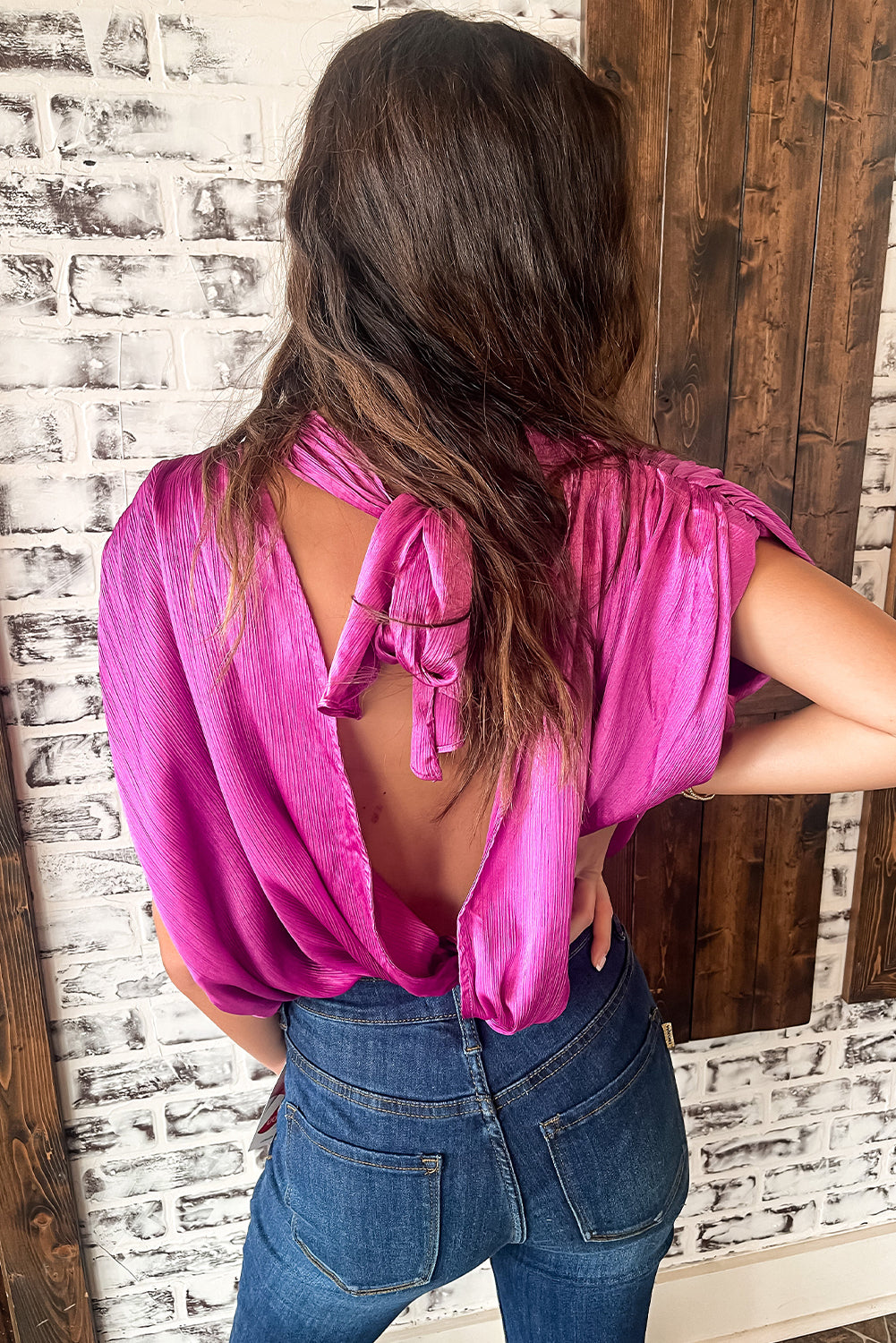 Bright Pink Ruched Sleeves Knotted Backless Blouse-Tops/Blouses & Shirts-[Adult]-[Female]-2022 Online Blue Zone Planet