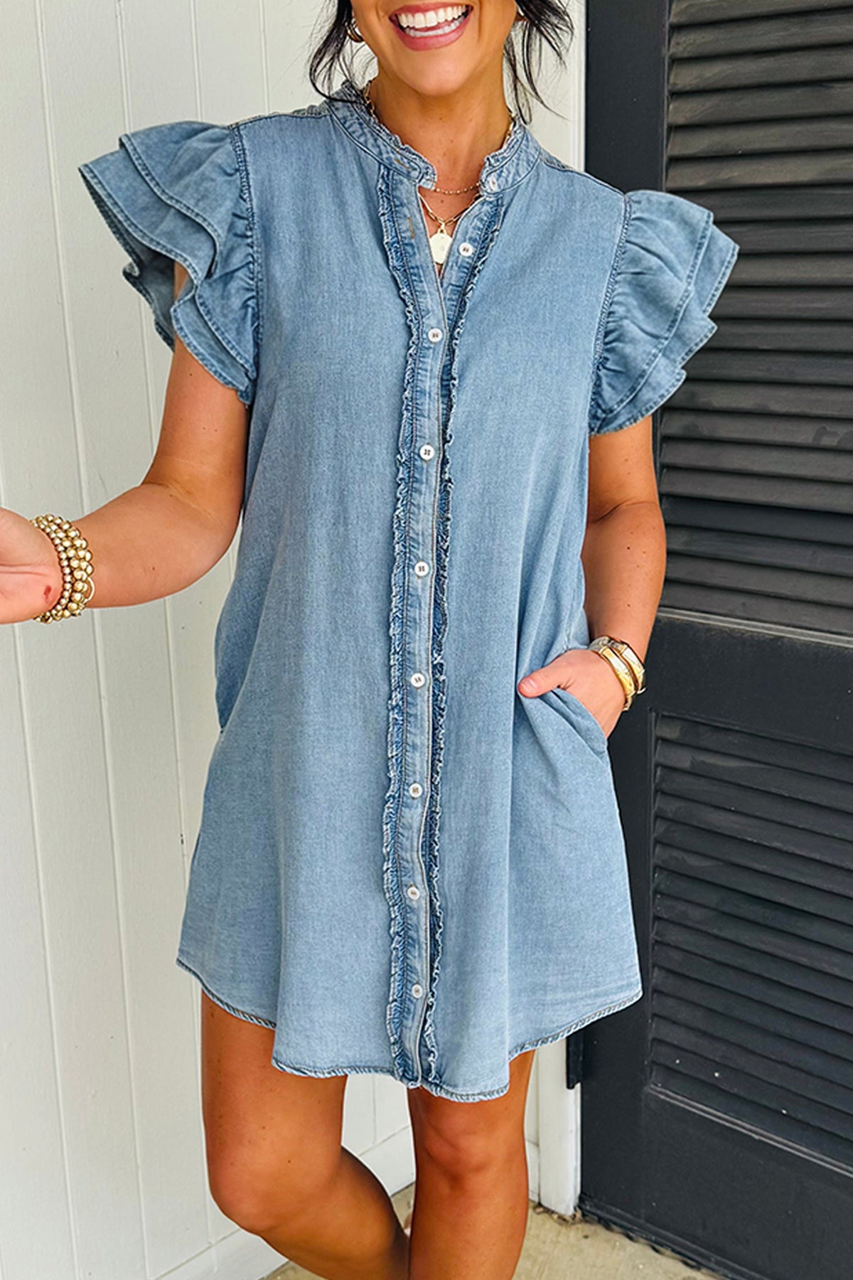 Myosotis Frilled Detail Button Down Ruffle Short Sleeve Denim Mini Dress