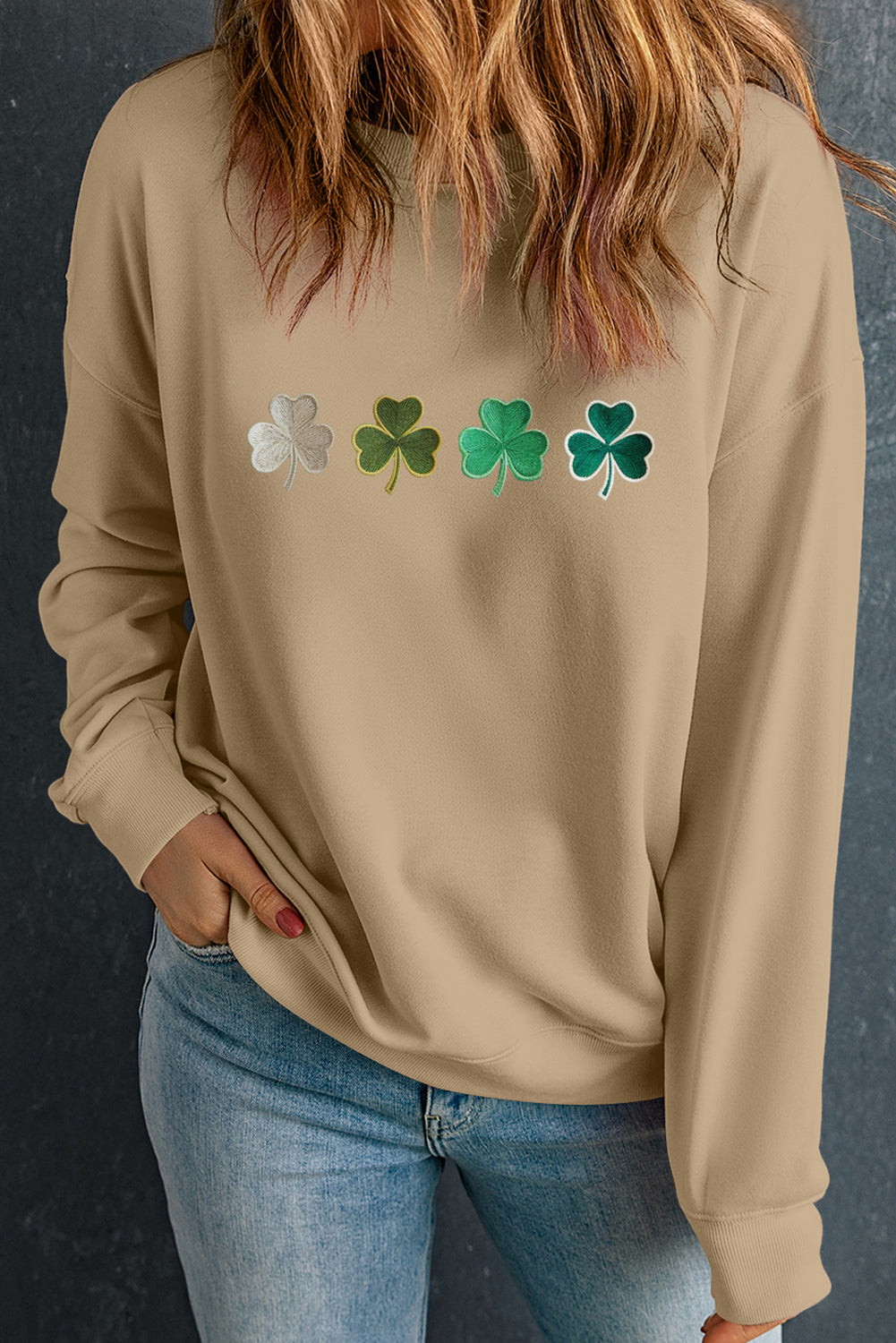 Embroidered Clover Pattern Round Neck Sweatshirt-TOPS / DRESSES-[Adult]-[Female]-2022 Online Blue Zone Planet