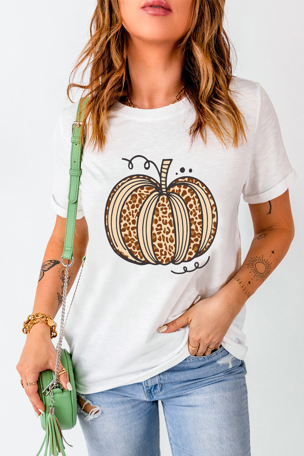 White Leopard Pumpkin Graphic Crewneck Halloween T Shirt-Graphic/Graphic Tees-[Adult]-[Female]-2022 Online Blue Zone Planet