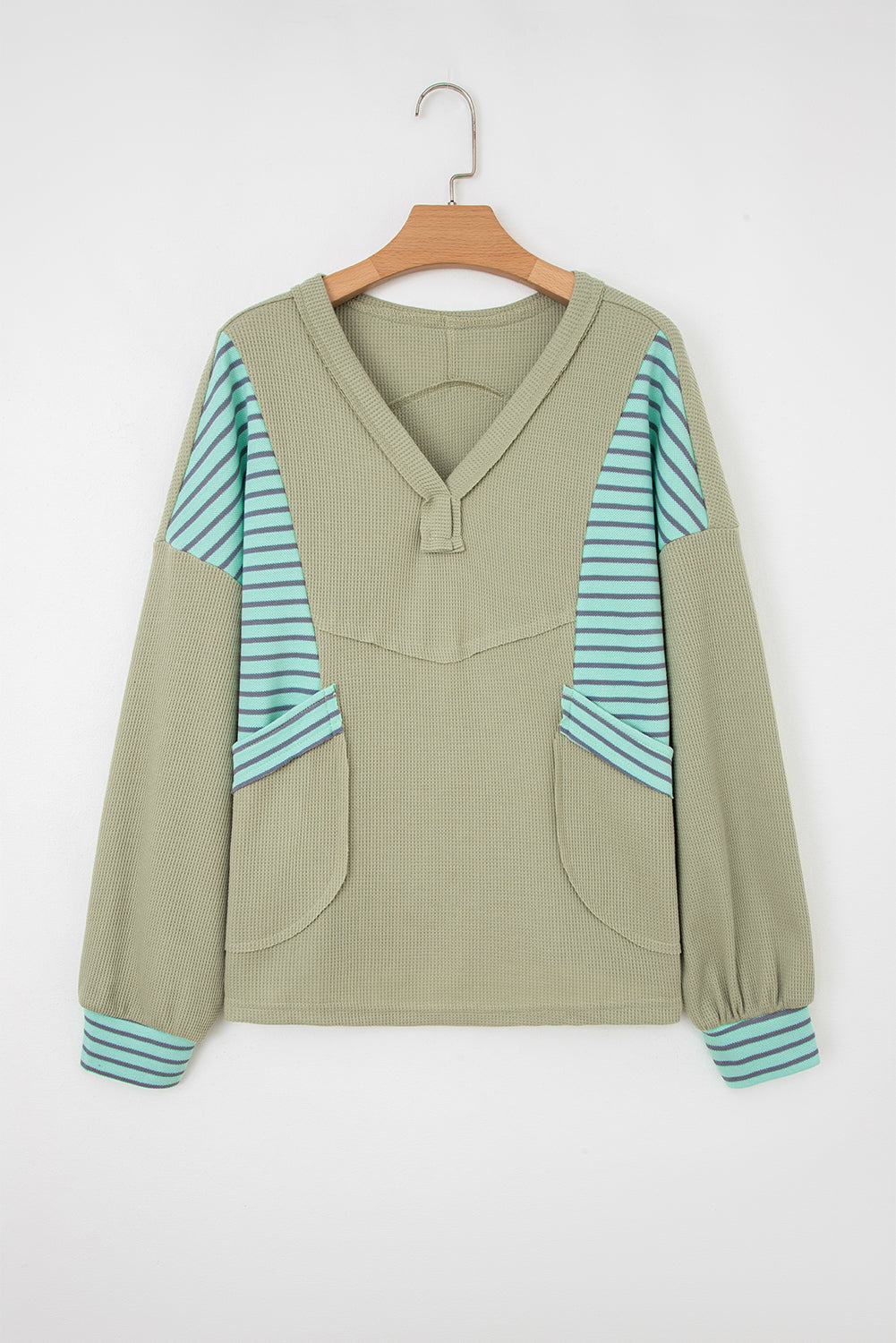 Meadow Mist Green Exposed Seam Waffle Striped Patchwork Baggy Pullover-Tops/Long Sleeve Tops-[Adult]-[Female]-2022 Online Blue Zone Planet
