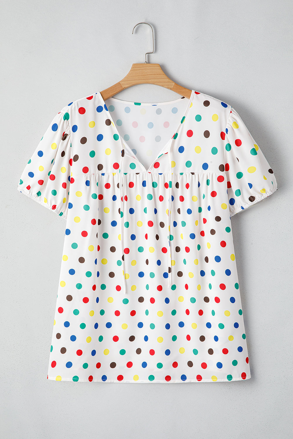 Apricot Plus Size Colorful Polka Dots Tie Neck Puff Sleeve Blouse-Plus Size/Plus Size Tops/Plus Size Blouses & Shirts-[Adult]-[Female]-2022 Online Blue Zone Planet