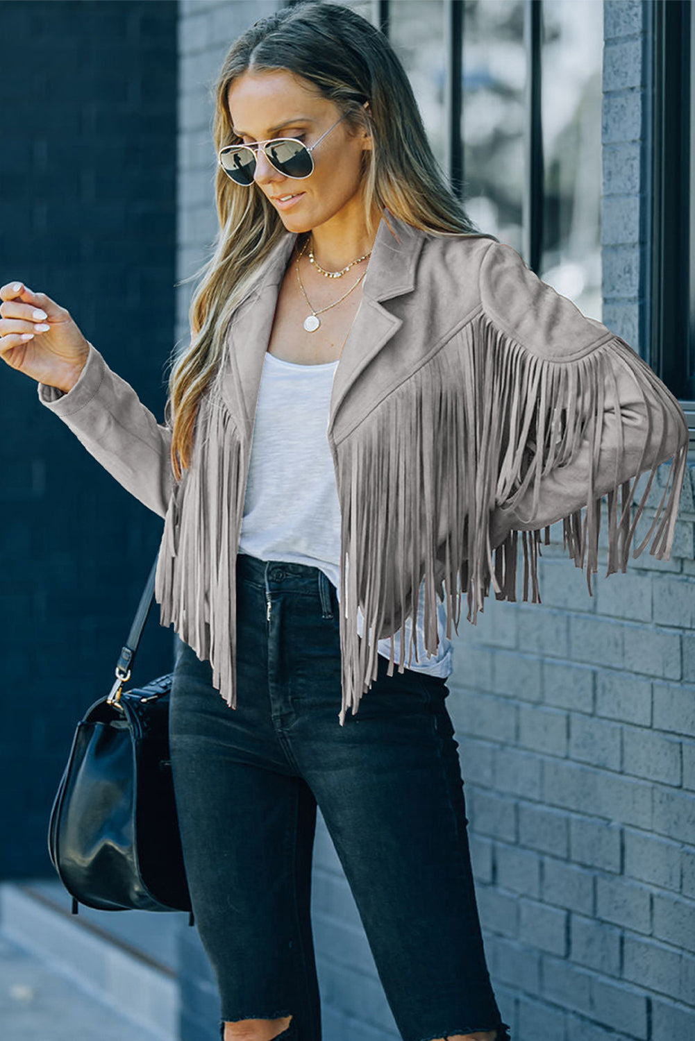 Gray Cropped Fringe Faux Suede Jacket-Outerwear/Jackets-[Adult]-[Female]-2022 Online Blue Zone Planet