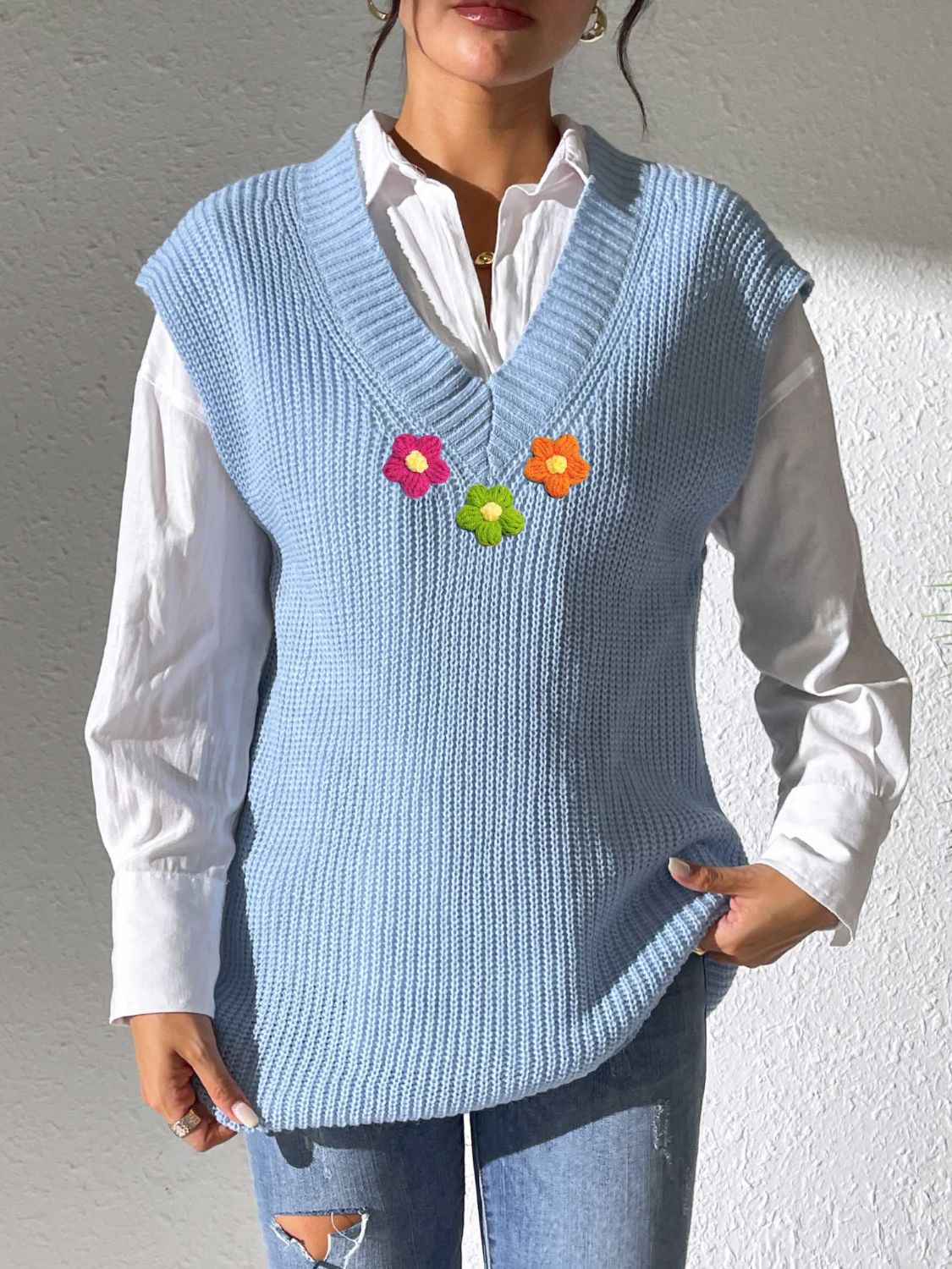 Flower V-Neck Sweater Vest-TOPS / DRESSES-[Adult]-[Female]-Light Blue-One Size-2022 Online Blue Zone Planet