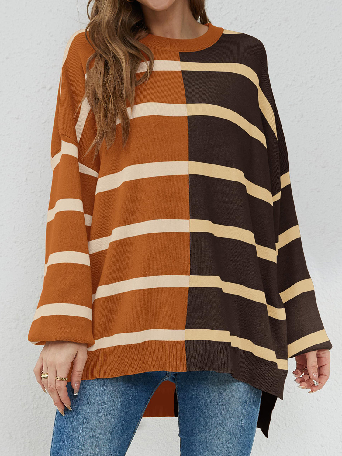 Striped Round Neck Long Sleeve Sweater-TOPS / DRESSES-[Adult]-[Female]-Camel-S-2022 Online Blue Zone Planet