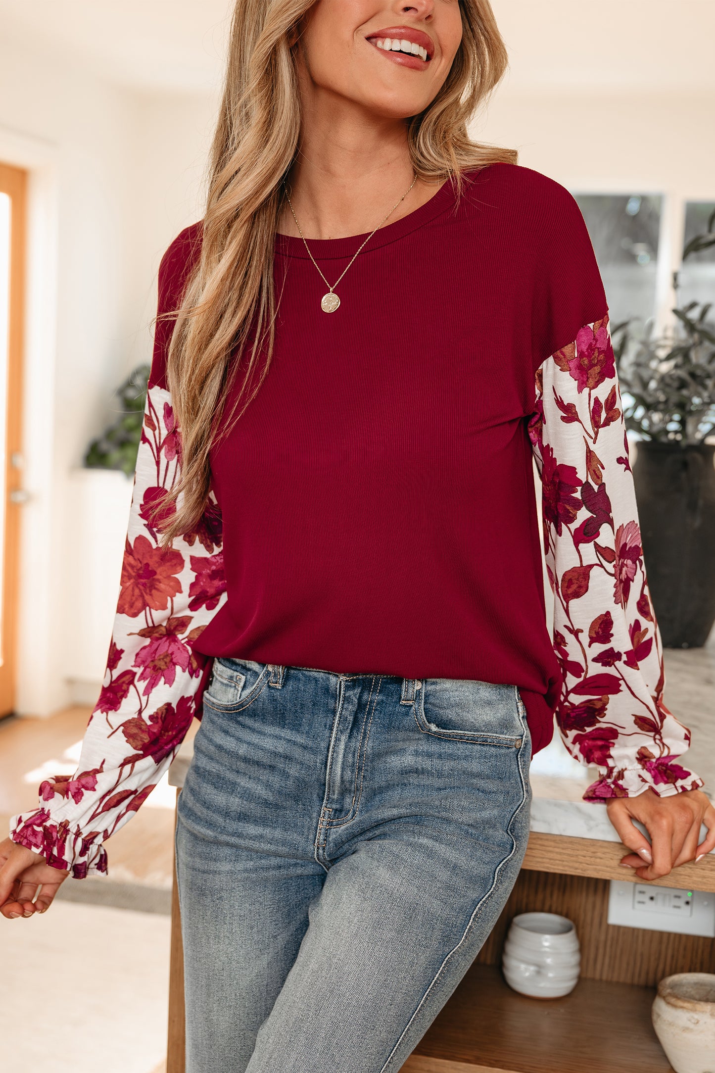 Wild Ginger Contrast Floral Sleeve Solid Ribbed Body Patchwork Long Sleeve Top-Tops/Long Sleeve Tops-[Adult]-[Female]-2022 Online Blue Zone Planet