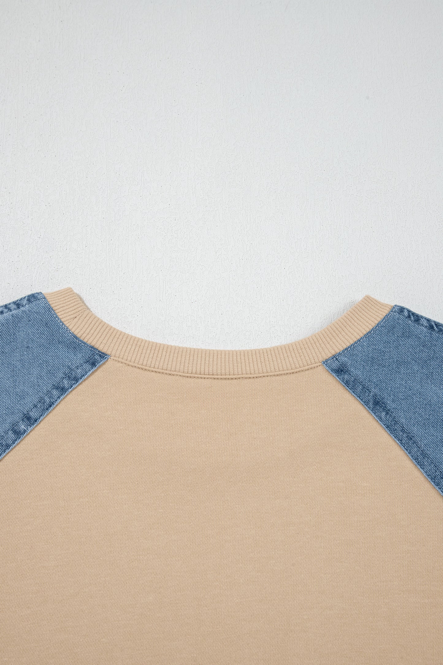 Beige Denim Color Block Patchwork Round Neck Tee-Tops/Tops & Tees-[Adult]-[Female]-2022 Online Blue Zone Planet