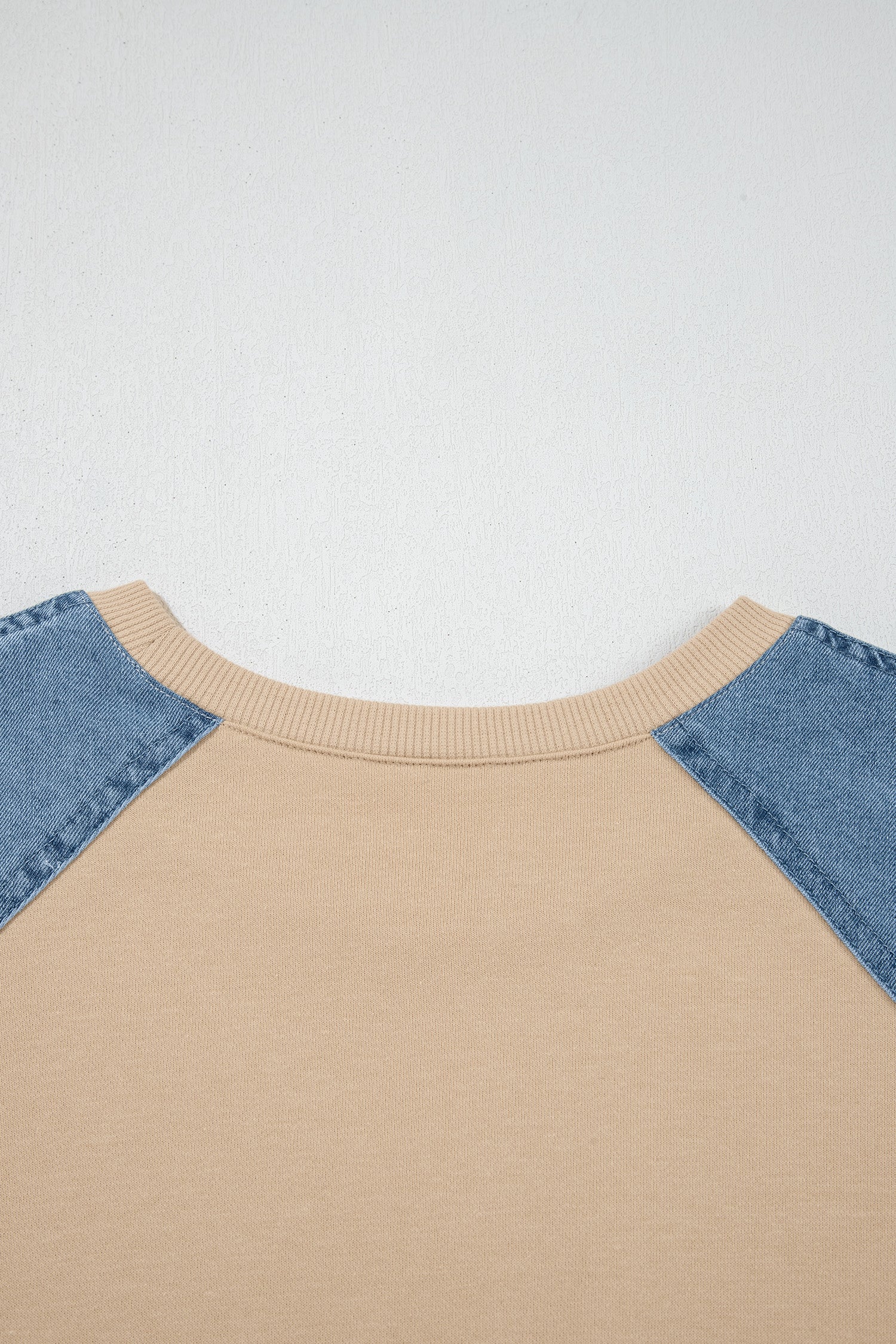 Beige Denim Color Block Patchwork Round Neck Tee-Tops/Tops & Tees-[Adult]-[Female]-2022 Online Blue Zone Planet