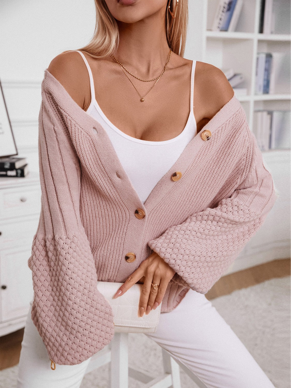 V-Neck Button Up Raglan Sleeve Cardigan-TOPS / DRESSES-[Adult]-[Female]-Blush Pink-S-2022 Online Blue Zone Planet