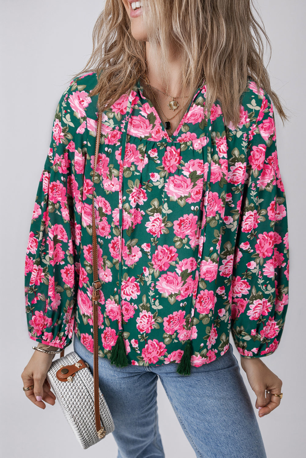 Blue Zone Planet | Green Floral Printed Tied Collar Puff Sleeve Blouse-Tops/Blouses & Shirts-[Adult]-[Female]-Green-S-2022 Online Blue Zone Planet