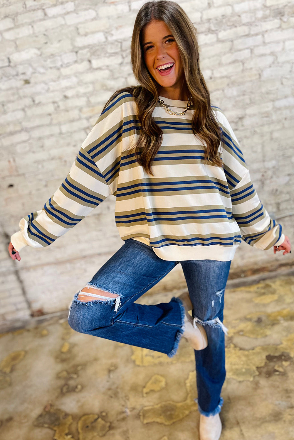 Khaki Stripe Crew Neck Drop Shoulder Pullover Sweatshirt-Tops/Sweatshirts & Hoodies-[Adult]-[Female]-2022 Online Blue Zone Planet