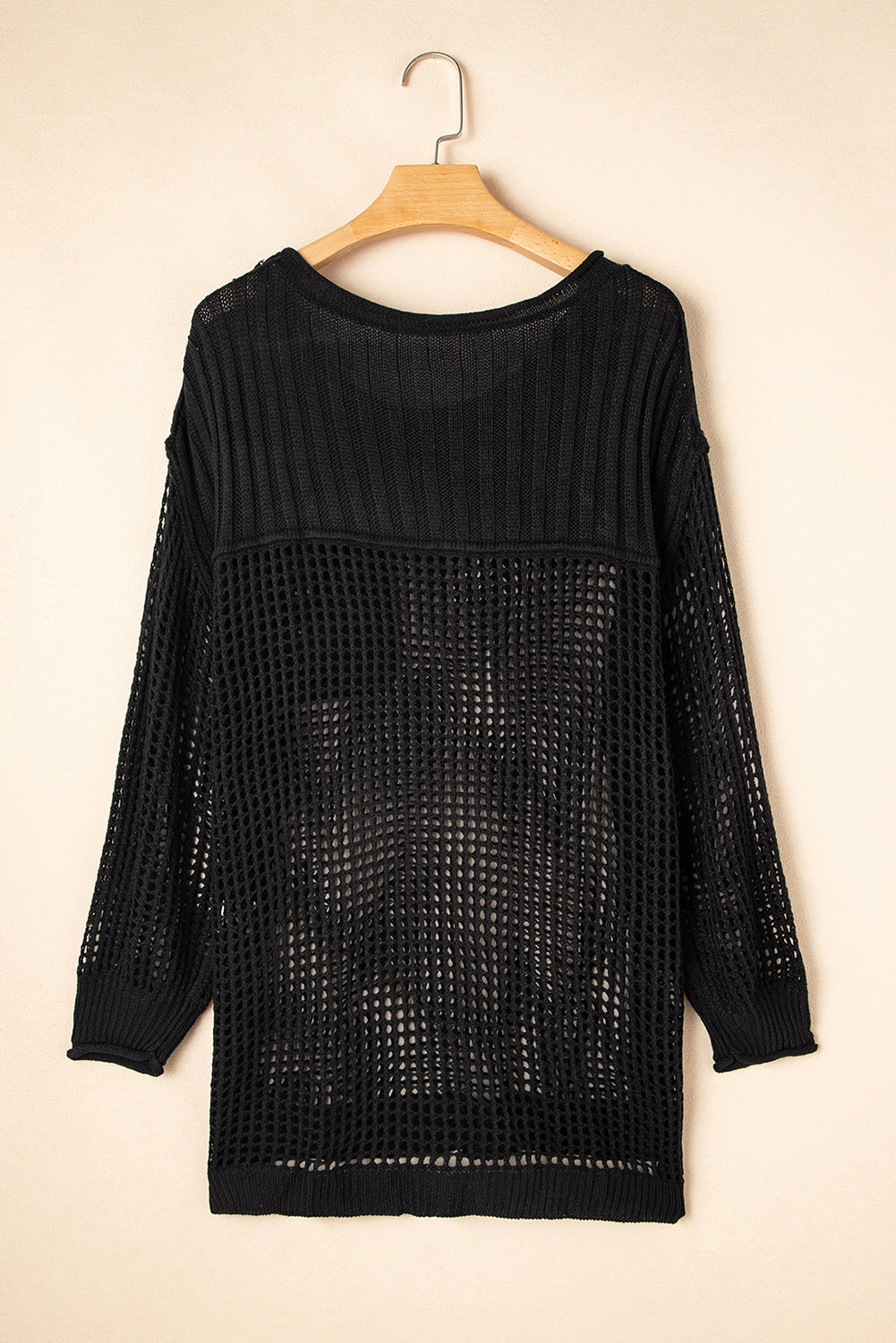 Blue Zone Planet | Black Fishnet Hollow-out Long Sleeve Beach Cover up-TOPS / DRESSES-[Adult]-[Female]-2022 Online Blue Zone Planet