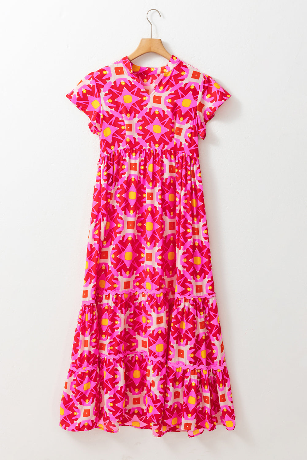 Blue Zone Planet | Strawberry Pink Geo Print V-neck Maxi Dress-TOPS / DRESSES-[Adult]-[Female]-2022 Online Blue Zone Planet