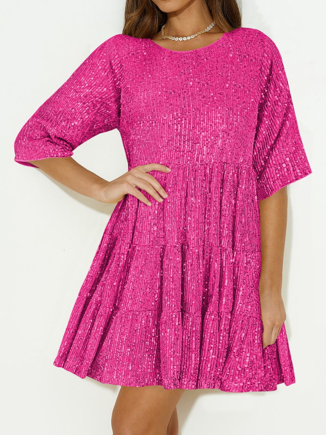 Sequin Round Neck Half Sleeve Mini Dress-TOPS / DRESSES-[Adult]-[Female]-Hot Pink-S-2022 Online Blue Zone Planet