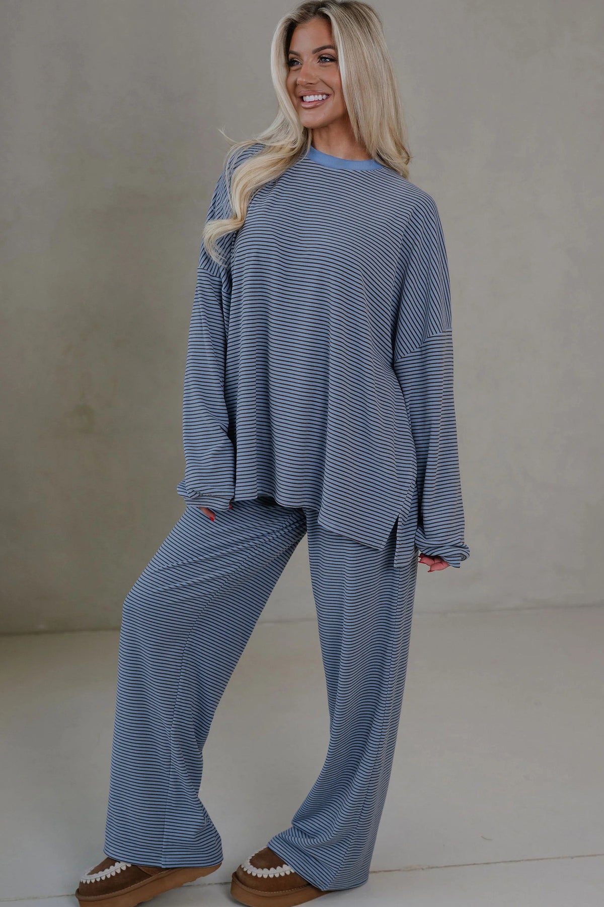 Beige Stripe Contrast Trim Round Neck Oversize Long Sleeve Top 2pcs Pant Set