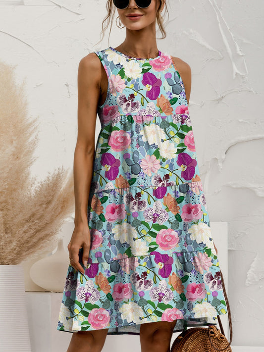 Printed Round Neck Sleeveless Tiered Dress-TOPS / DRESSES-[Adult]-[Female]-Floral-S-2022 Online Blue Zone Planet