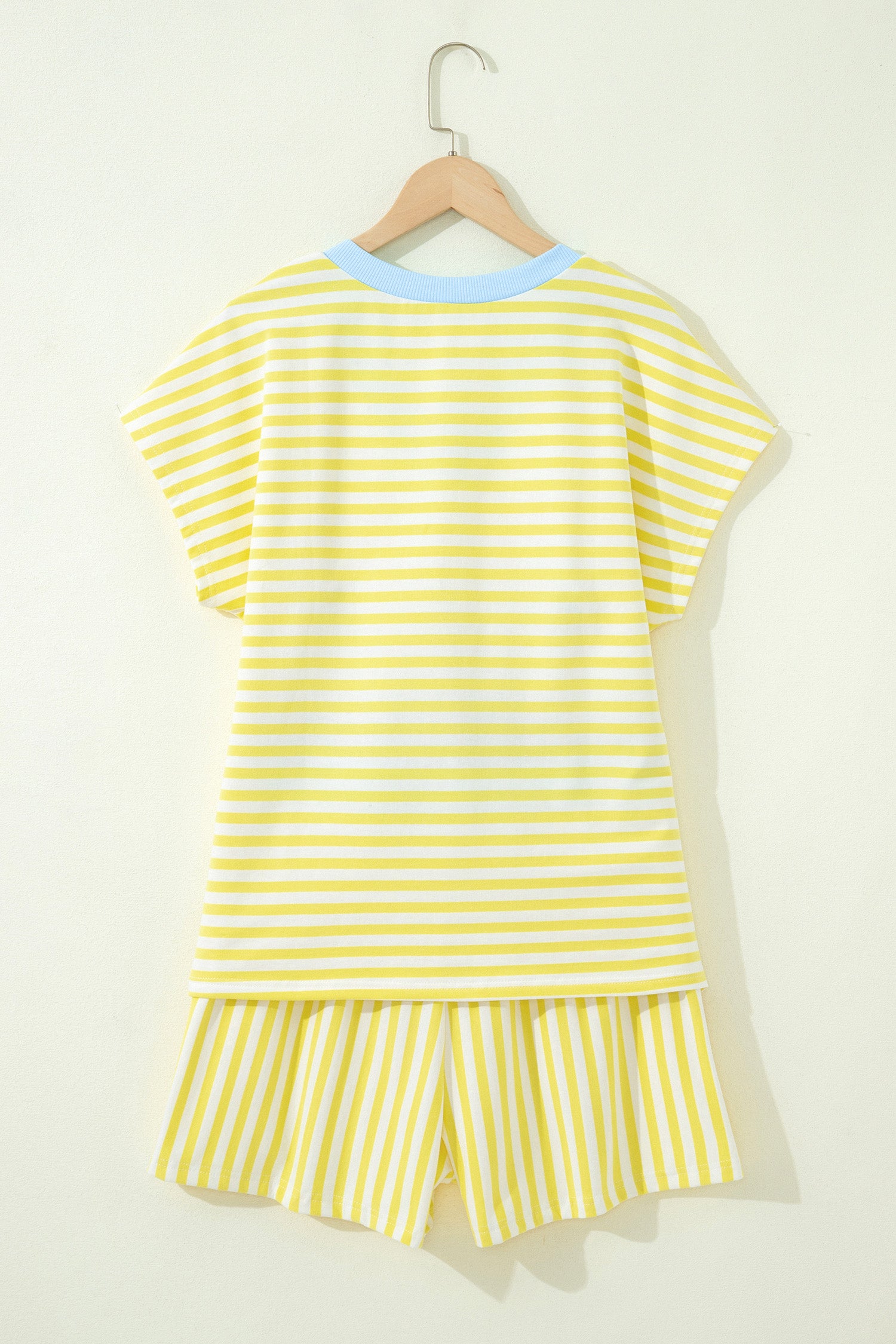 Yellow Stripe Colorblock Trim V Neck Tee Drawstring Elastic Waist Short Set-Two Piece Sets/Short Sets-[Adult]-[Female]-2022 Online Blue Zone Planet