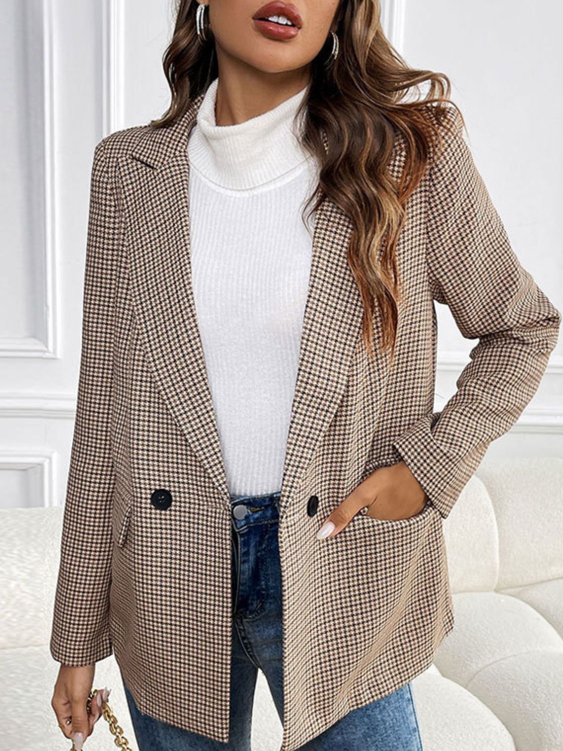 Perfee Plaid Lapel Collar Long Sleeve Blazer-TOPS / DRESSES-[Adult]-[Female]-Camel-S-2022 Online Blue Zone Planet