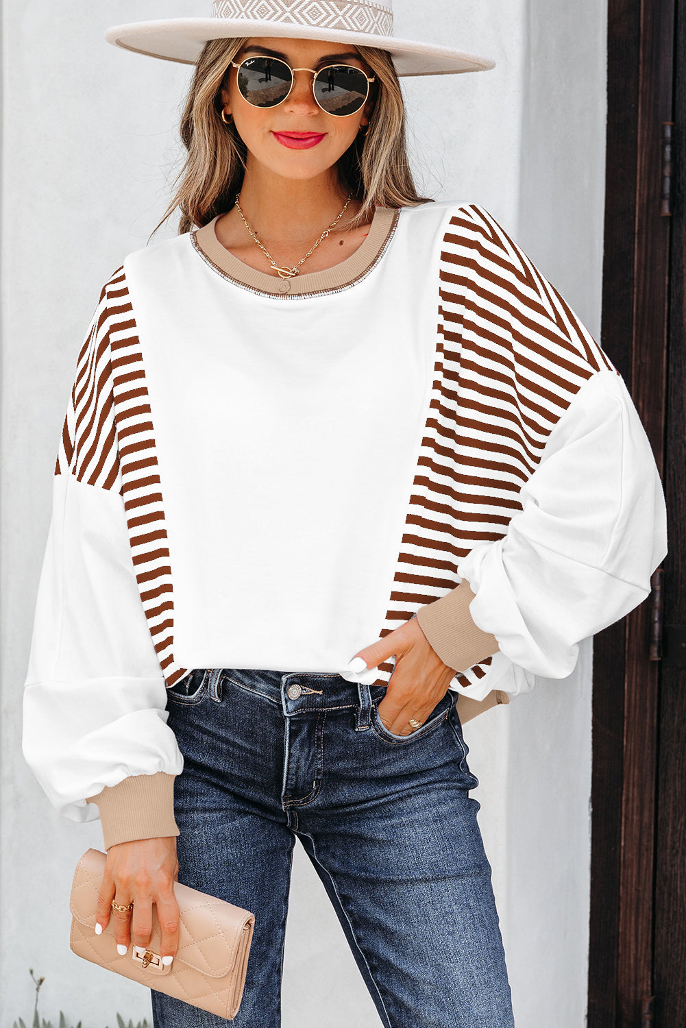 Brown Stripe Colorblock Patchwork Contrast Stitching Oversize Sweatshirt-Tops/Sweatshirts & Hoodies-[Adult]-[Female]-Brown Stripe-S-2022 Online Blue Zone Planet